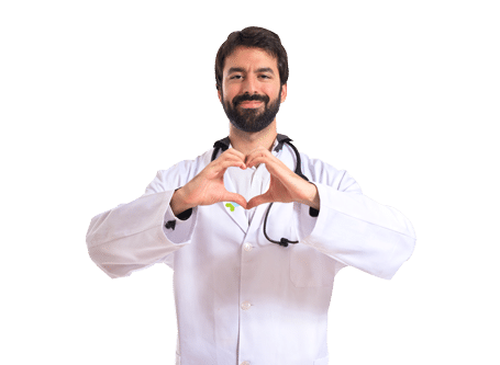 נציג דוקטור אייס עם סטטוסקופ על צווארו, לובש חלוק רופאים מכופתר כשעל הדש לוגו החברה, מחייך ועושה צורת של לב עם כפות הידיים.