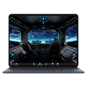 רקע עם מסך של לפטופ שמציג אזור פנימי של חללית, כחבילת רקעים לילדים לזום