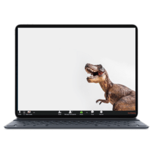 בתמונה לפטופ כשעל המרקע על רקע אפרפר דינוזאור גדול מציאותי כחלק מחבילת רקעים לזום לילדים ולנוער