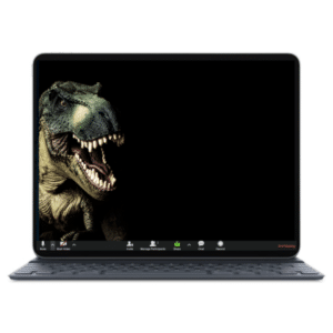 לפטופ עם רקע שחור על המסך ועליו ראש של דינוזאור ריאלי עם פה פתוח ומאיים, שיניים חשופות. רקע מגניב לתוכנת זום כחלק מחבילת רקעים מעוצבים למכירה לילדים ונוער