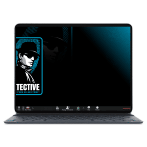 הדמיית מסך לפטופ עם רקע כהה ואפלולי ועליו איור של בלש פרטי עם משקפי שמש וכובע,בשילוב תביעת אצבע