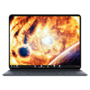 מסך מחשב עם מערכת השמש על המרקע, שמש וכוכבי לכת בנושא חלל