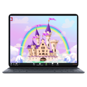 לפטופ עם רקע שם ארמון צבעוני ומאחוריו קשת בענן ועננים כחלק מחבילת רקעים לזום לילדים ונוער