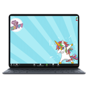 איור חד קרן מגניב עם משקפי שמש על רקע גוונים של תכלת עם הכיתוב "be happy" עבור חבילת רקעים לזום