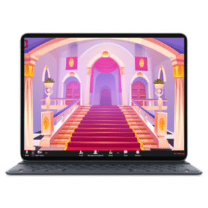 רקע של ארמון מאוייר ומלכותי בגווני ורוד כחלק מחבילת רקעים לזום לילדים ונוער. התמונה מוצגת על מסך של לפטופ