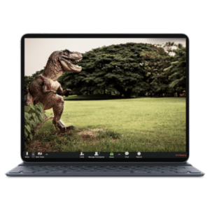 הדמיית מסך לפטופ עם תמונת דינוזאור כרקע מעוצב לתוכנת זום