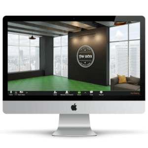 משרד מרווח עם חלונות פנורמיים גדולים, רצפה ירוקה, ספה אפורה עם כרית בגוון חרדל ולוגו על הקיר - חהילת רקעים ממותגים לעסקים