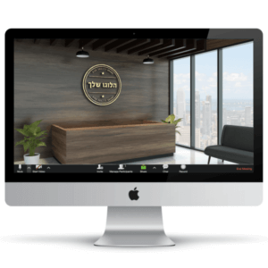 הדמיית חדר קבלה של פירמה עסקית - דלפק עץ ומאחוריו לוגו בהבלטה מוזהבת, ספת המתנה קלאסית שחורה, עציצים ורצפה מבריקה - חהילת רקעים ממותגים לעסקים