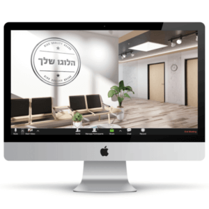 מבואה של אולם משרדים, רצפת עץ, תאורה בוהקת, כורסאות המתנה, עציץ ירוק ויפה ולוגו על הקיר - חהילת רקעים ממותגים לעסקים