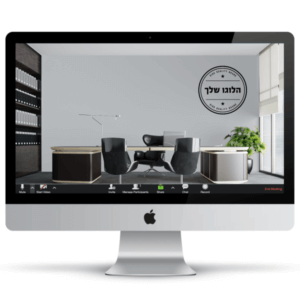 משרד עורכי דין עם שולחן לבן ורשמי, כיסא מנהל ומולו שני כיסאות אורחין, ארון ספרים כבד אבל מודרני, עציץ ירוק ויפה ולוגו על הקיר - חהילת רקעים ממותגים לעסקים