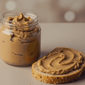 בתמונה ממרח חלבה סמיך בתוך צנצנת ולצידה על השולחן פרוסת לחם ועליה שכבה נדיבה של מממרח החלבה