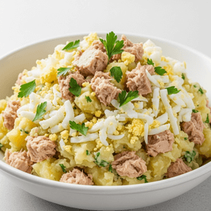 תמונה של סלט תפוחי אדמה, טונה וביצה קשה עם קישוט פטרוזיליה למעלה, על צלחת לבנה עמוקה