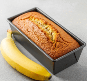 תמונה של תבנית אינגליש קייק ובתוכה עוגת בננות, לצד העוגה בננה צהובה ויפה