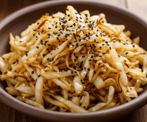 סלט כרוב לבן קצוץ דק מוקפץ עם סויה וסומסום שחור בקערת חרס, בגוון חום.